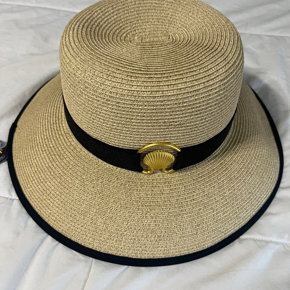 Chic Beige Sun Hat with Black Band and Gold Accent